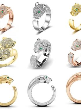 Leopard Panther Head Green Eye Opening Ring Micro-inlaid Cry