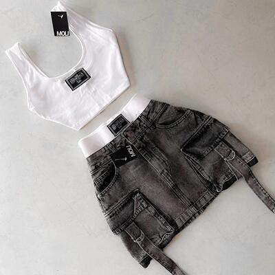 Multi pocket sleeveless splicing set women多口袋无袖拼接套装