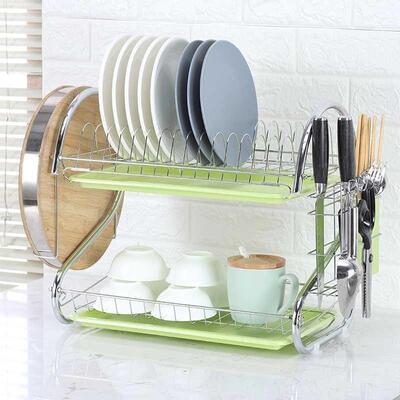 Three layers of bowls leans dishes plates shelves air