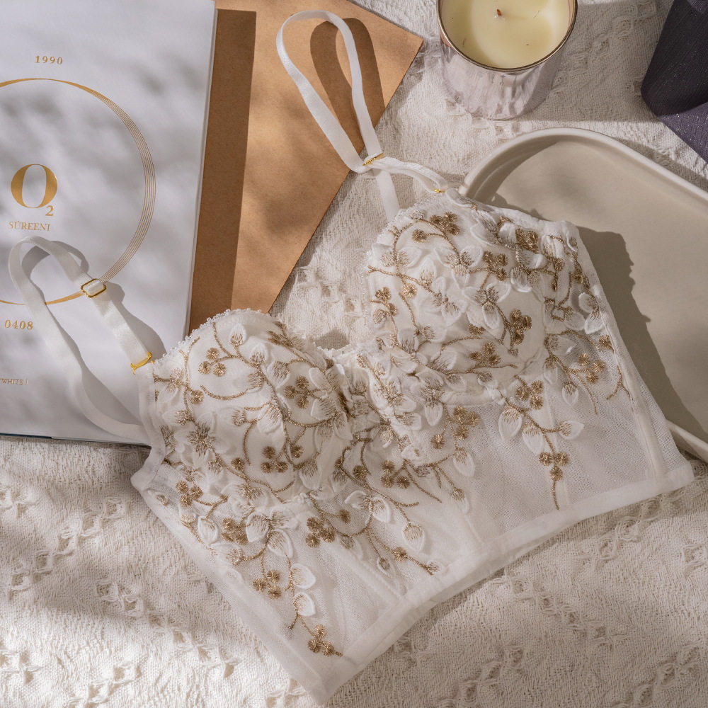 法式宫廷蕾丝性感内衣薄款大胸显小聚拢胸罩礼服bra少女文胸套装