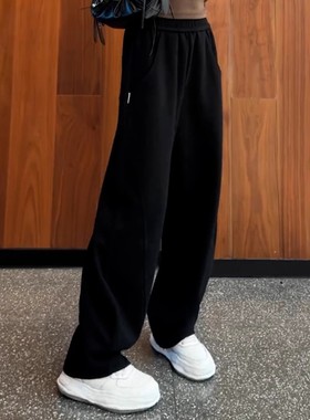 Ader秋季黑色卫裤女2025秋冬高腰垂感百搭显瘦香蕉裤宽松直筒长裤