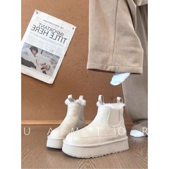 法国Uamtor5CM增高厚底雪地靴女生2025冬季白色加绒短靴毛毛棉鞋