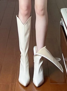guidi fame白色高跟长靴女2025秋冬新款尖头骑士靴粗跟加绒高筒靴
