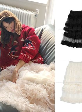 现货 From Beginning韩国官网代购甜美风A字木耳边蛋糕网纱半身裙