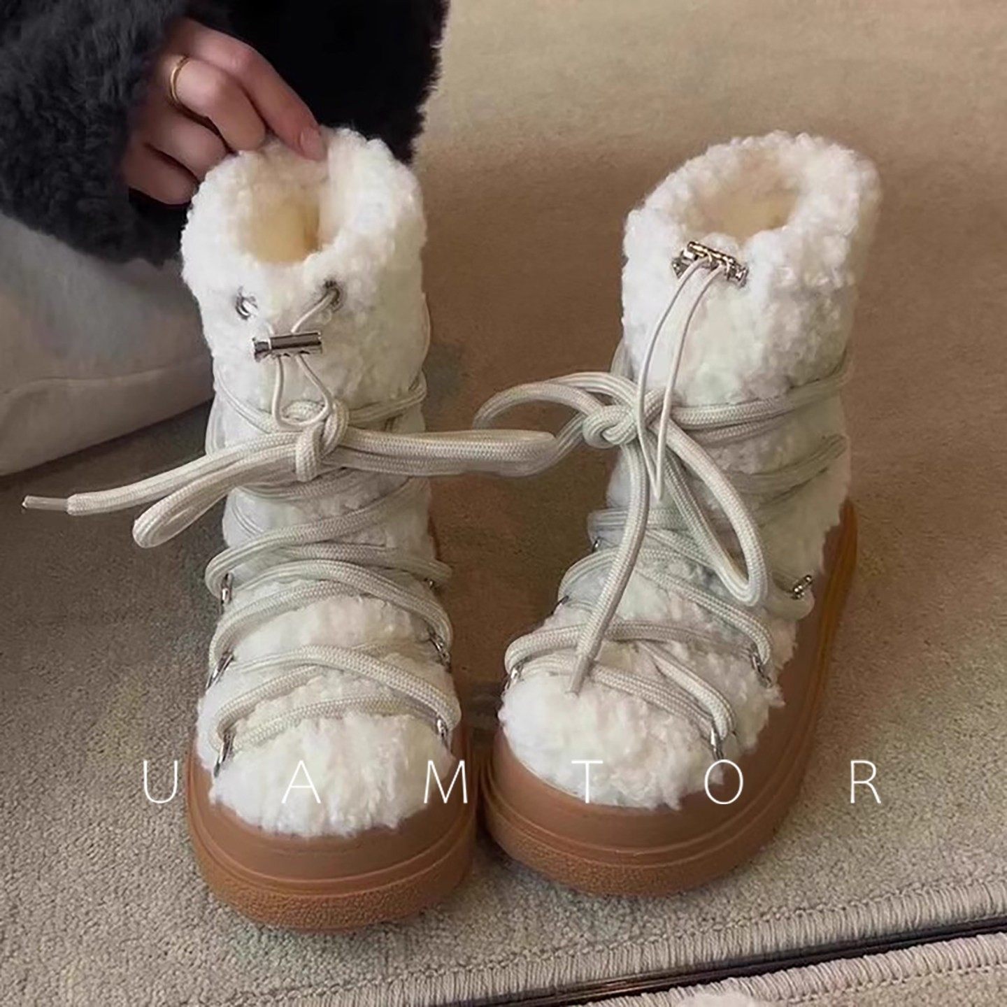 法国Uamtor厚底加绒加厚毛毛靴女雪地靴2025冬季白色保暖东北棉鞋,女鞋,时尚雪地靴,淘宝优惠券,粉丝福利购,淘宝优惠卷
