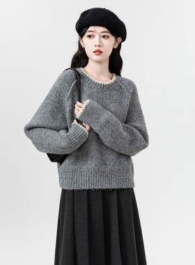 灰色100%纯山羊绒衫女欧货高端圆领拼色短款加厚秋冬软糯打底毛衣