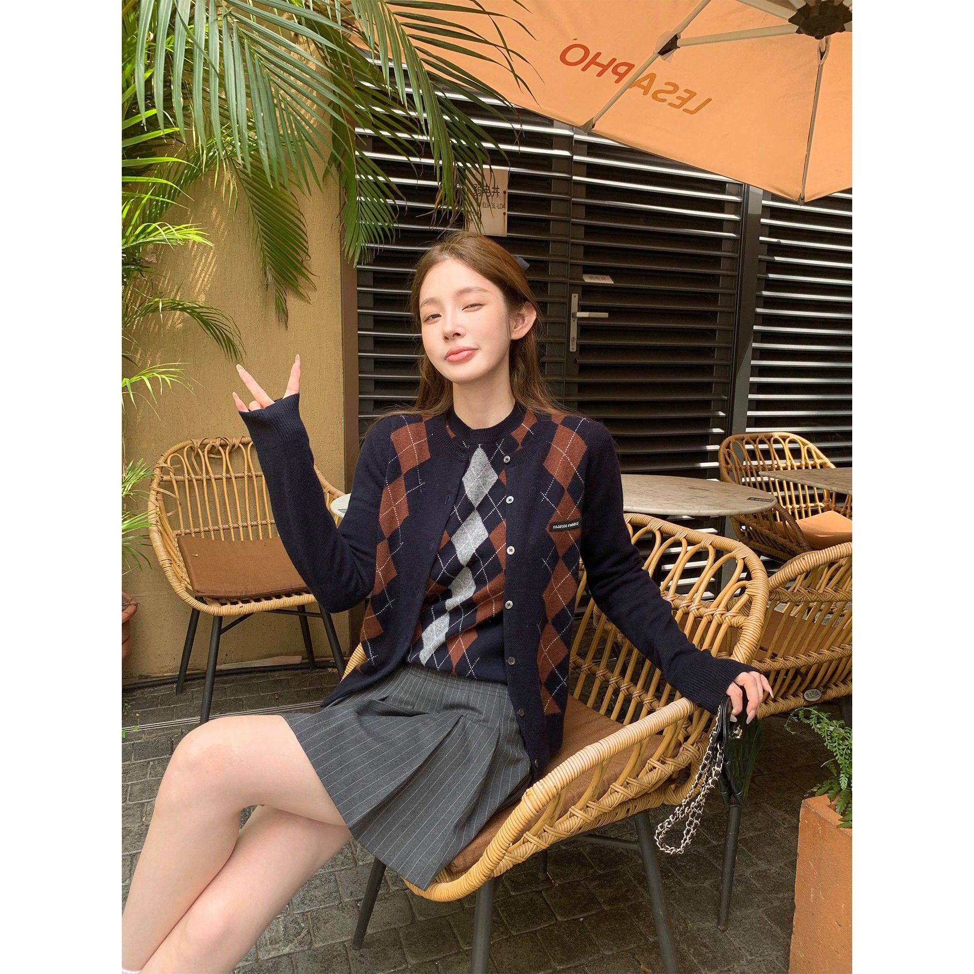 黛黛高定！张元英同款山羊绒覆古学院风菱格短袖毛衣/针织开衫女,女装/女士精品,毛针织衫,淘宝优惠券,粉丝福利购,淘宝优惠卷