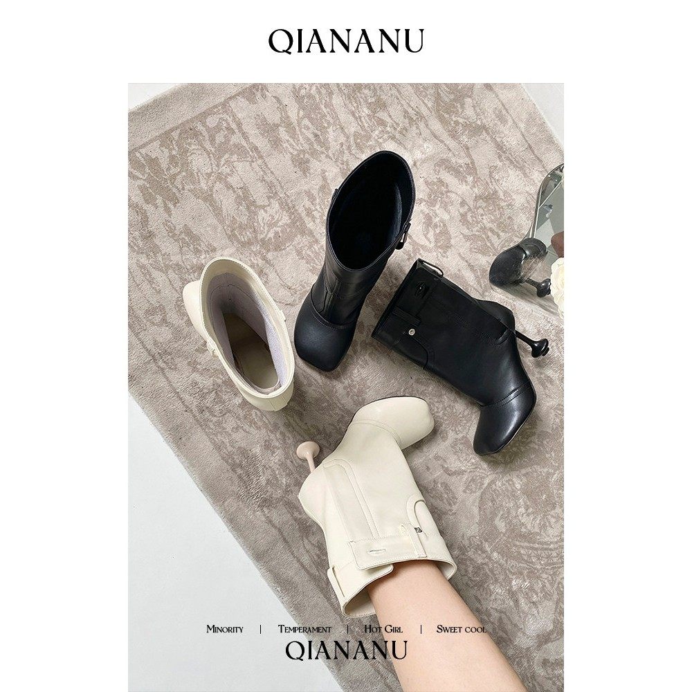 溜溜球不对称牛仔裤腰部小众设计辣女孩细高跟鞋真皮短靴妇女的夏