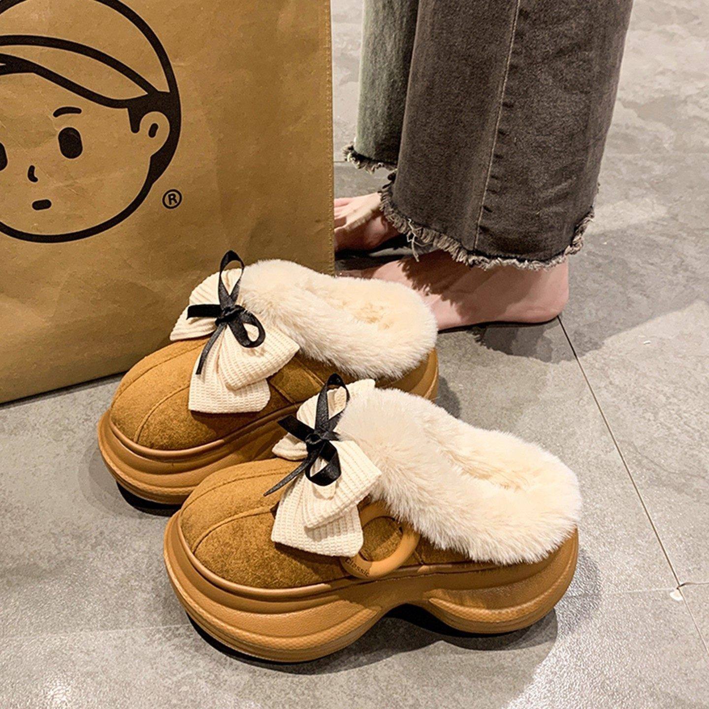 英国DGKP2025秋冬季新款增高包头毛毛半拖鞋女毛绒可爱雪地棉拖鞋