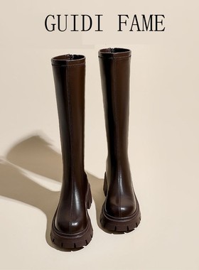 guidi fame增高厚底长靴女秋冬新款加绒骑士靴不过膝真皮高筒靴女