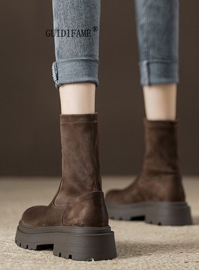 guidi fame松糕厚底短靴女2025秋冬新款绒面弹力瘦瘦靴子加绒袜靴