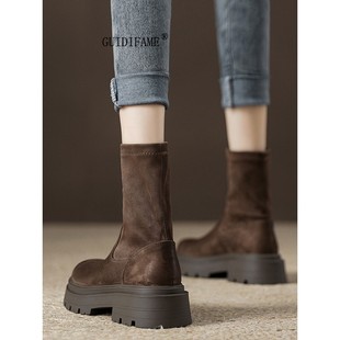 guidi fame松糕厚底短靴女2025秋冬新款绒面弹力瘦瘦靴子加绒袜靴