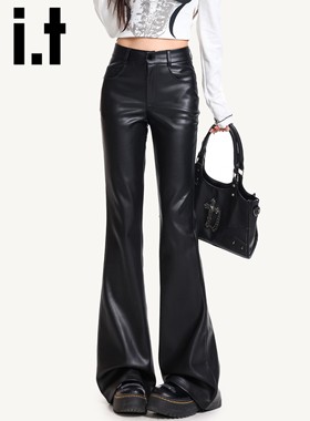it:CHOCOOLATE黑色微喇叭休闲裤女2025秋季新款高腰加绒PU皮裤子
