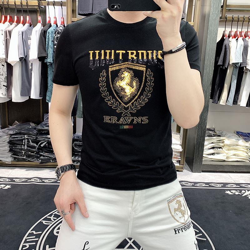 欧洲站潮牌亮片丝光棉短袖t恤男夏季修身潮流字母刺绣冰丝半袖潮
