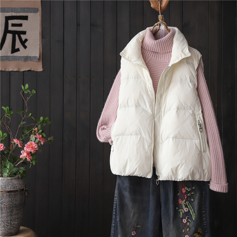 清晨雨原创秋冬新品纯色白鸭绒保暖马甲女立领百搭休闲羽绒服外套