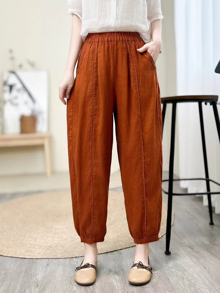 松紧腰高端亚麻裤八分裤休闲大码
