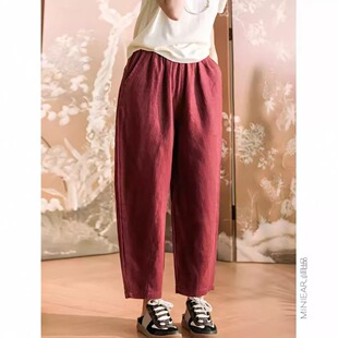纯色松紧腰休闲直筒裤 100.%亚麻显瘦百搭九分裤 新款 女夏季 哈伦裤