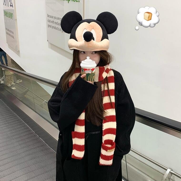 设计感韩系红色圣诞围巾白条纹撞色羊毛防寒针织口袋围巾女冬保暖