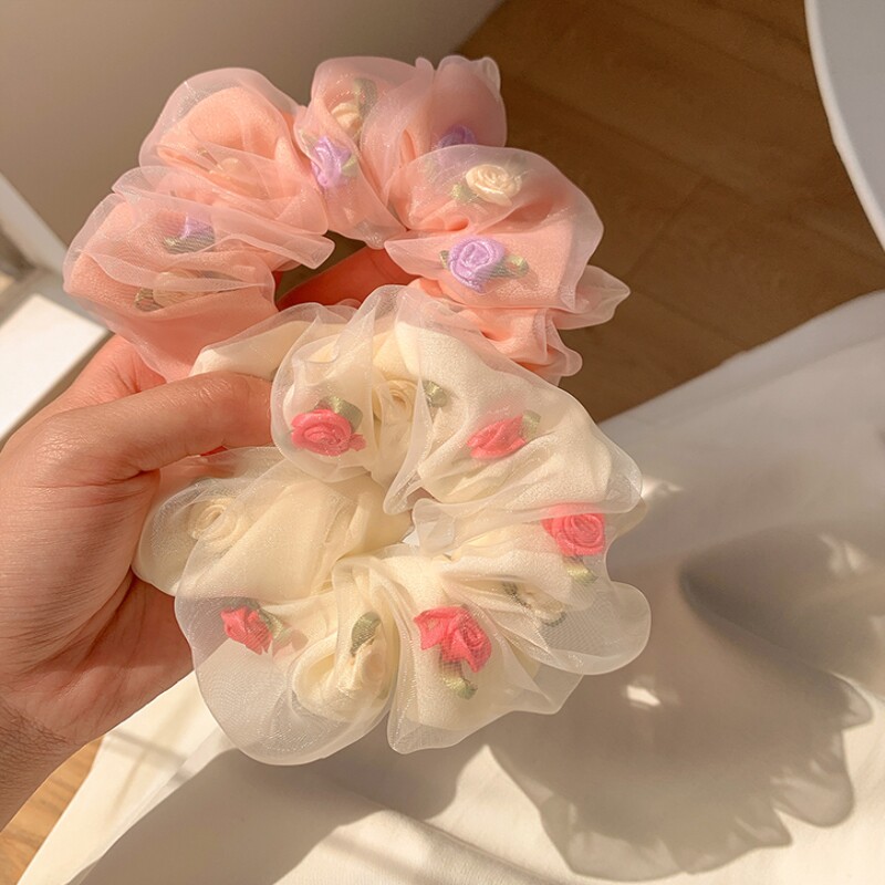 公主落难~超仙玫瑰花朵欧根纱高级感大肠发圈女甜美发绳发量少