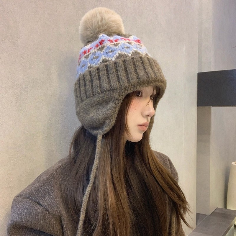 帽子女生冬护耳费尔岛风提花球球毛线帽子休闲百搭学生护耳雷锋帽