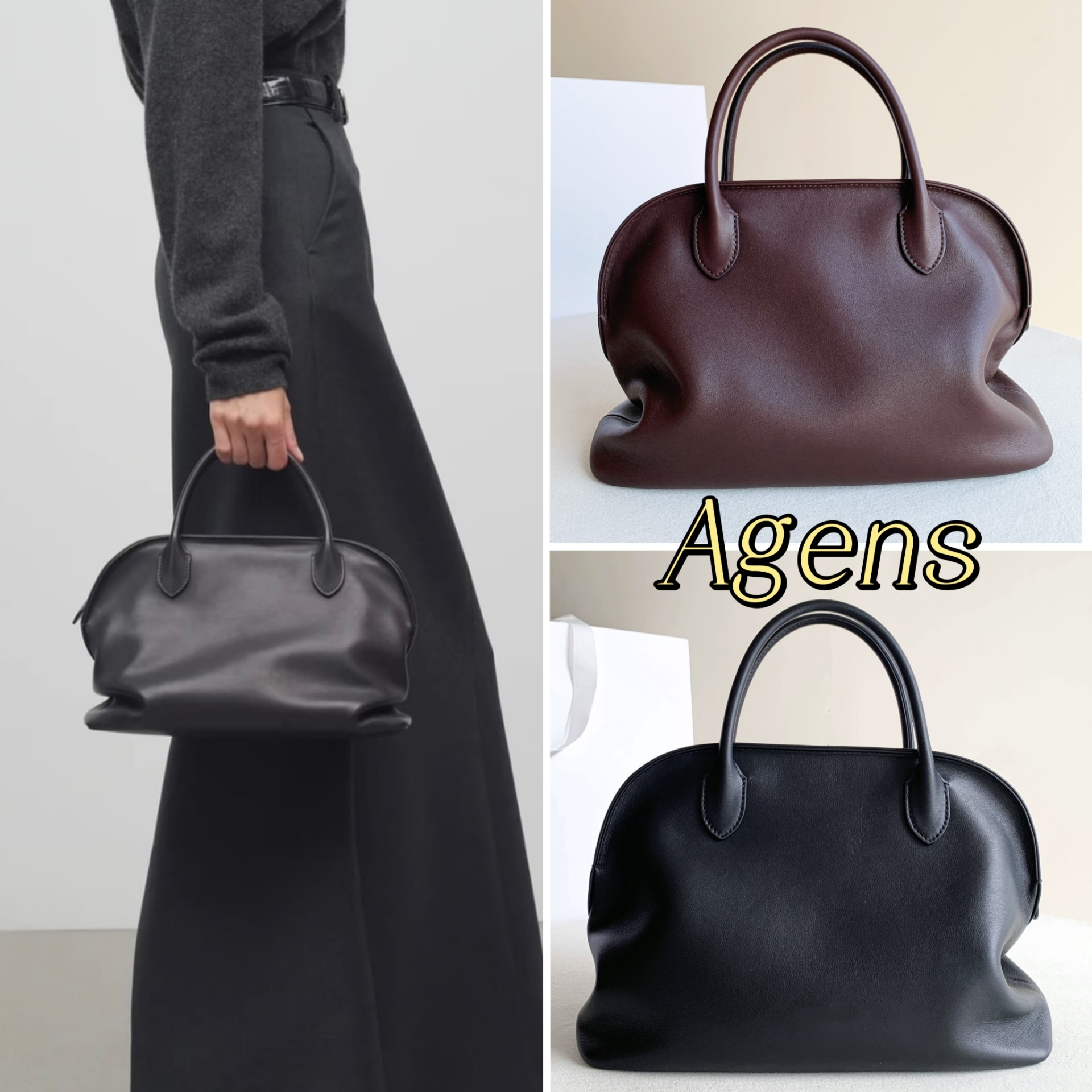 TR新款row风 Agnes bag保龄球包头层牛皮贝壳包手提包褶皱极简风