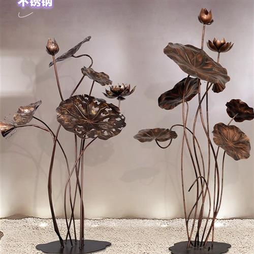 铁艺不锈钢荷叶荷花雕塑落地摆件酒店户外水池水景软装装饰品摆件