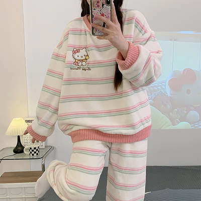 法兰绒长袖睡衣女秋冬季可爱卡通保暖珊瑚绒家居服加厚kt猫套装