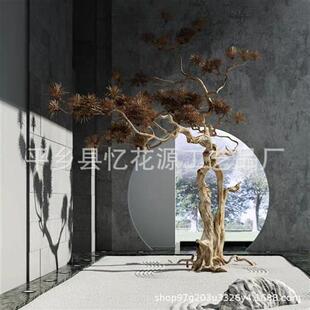 大型迎客松雪松马尾松双杆商场装饰树摆件松树实木雕刻树绿植造景