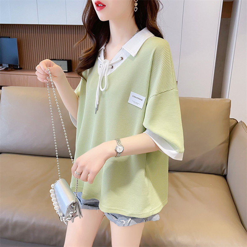 polo领拼接短袖t恤女夏季