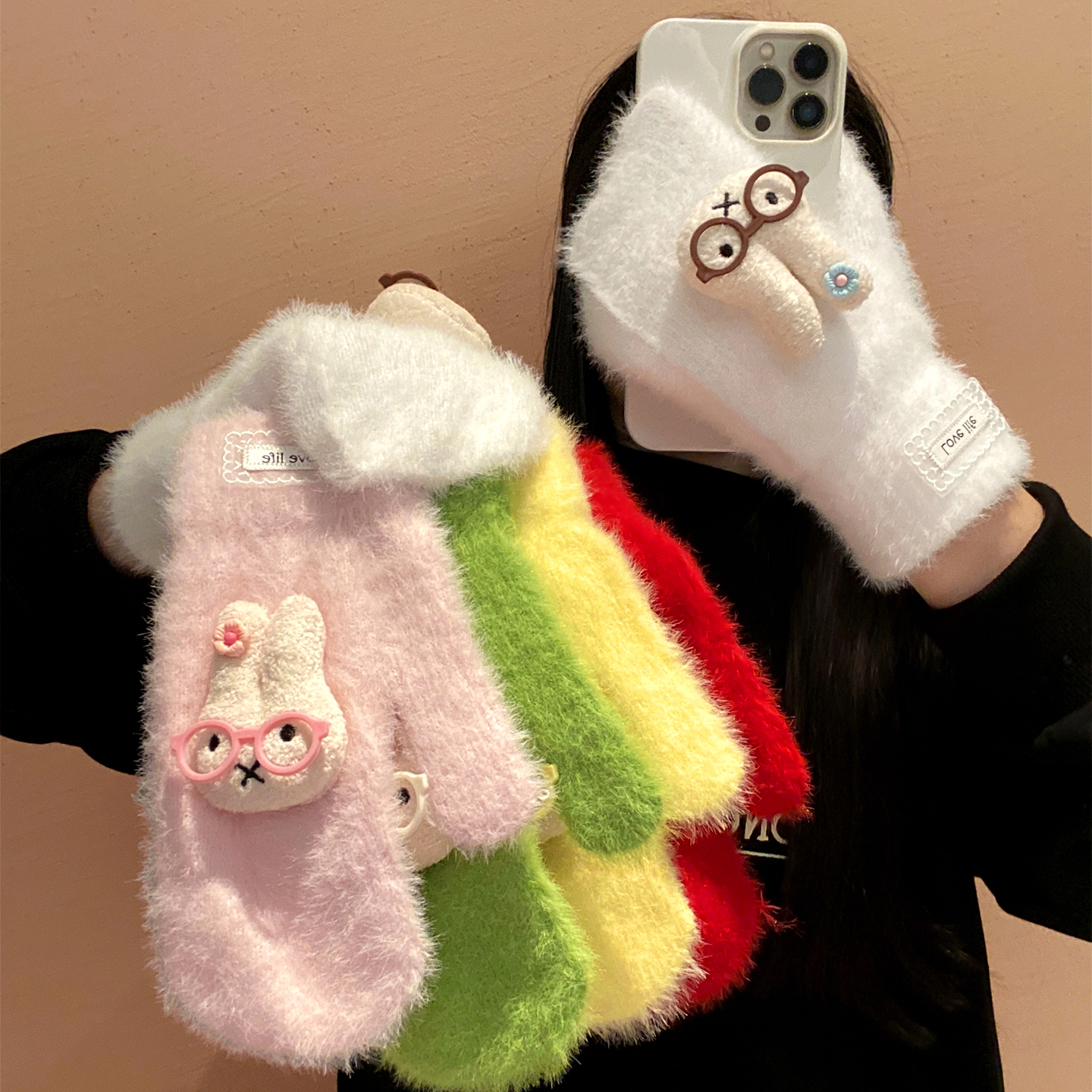 可爱米菲兔毛绒针织全指手套女冬季可触屏学生骑行电动车保暖加厚