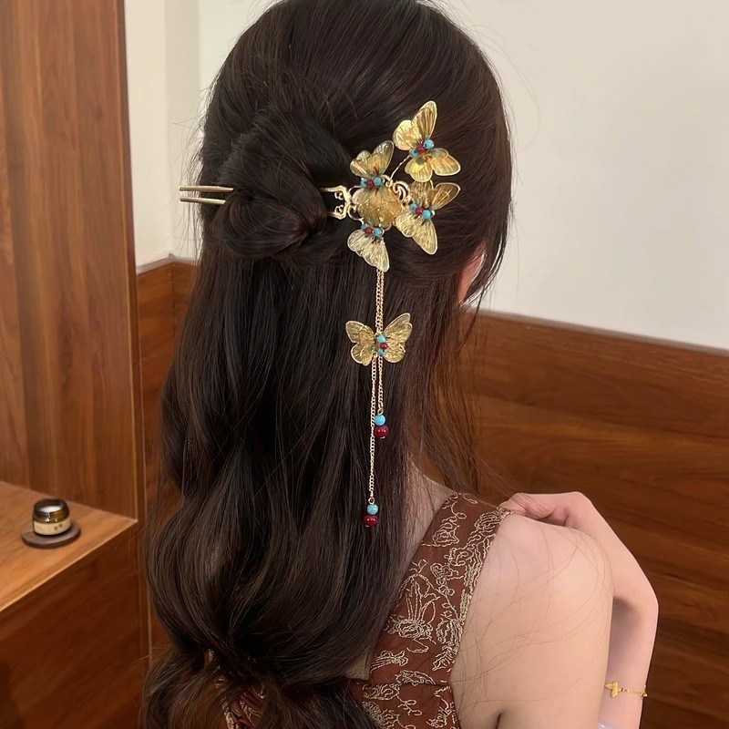 新中式精致女高级重工金色蝴蝶U型发簪发钗汉服旗袍富贵国风簪子