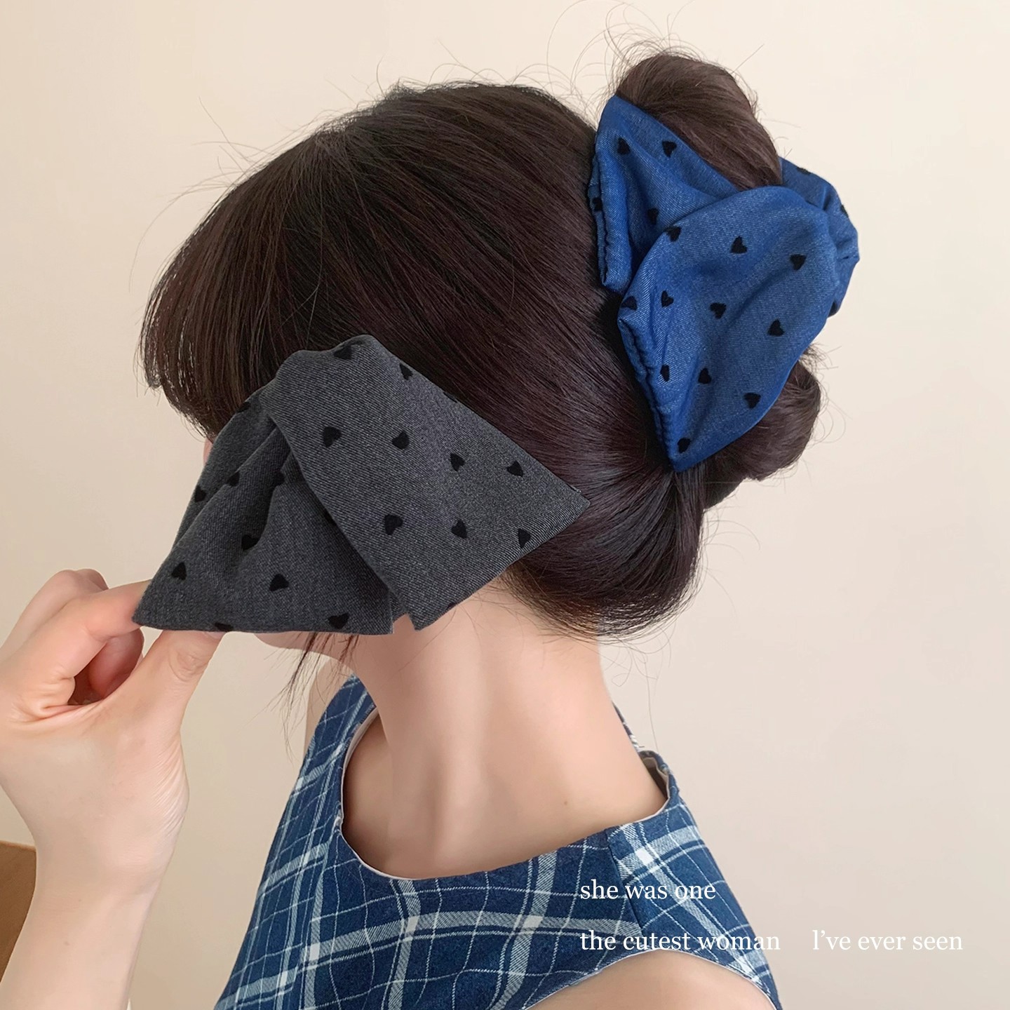 复古牛仔蝴蝶结三角抓夹女后脑勺盘发鲨鱼夹子发量少气质发卡头饰