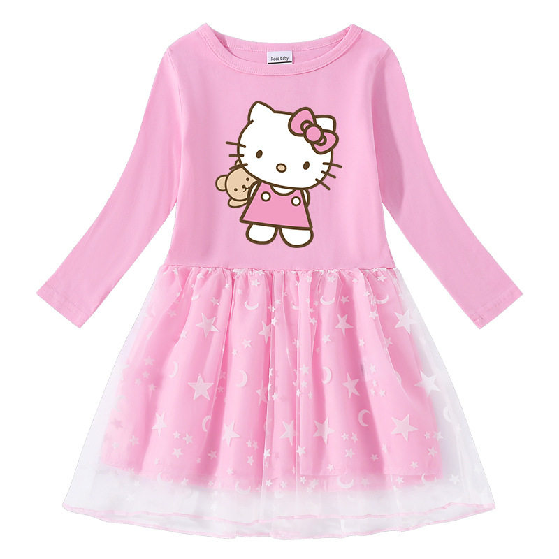 卡通凯蒂猫童装女童连衣裙棉质星星月亮网纱长袖hellokitty公主裙