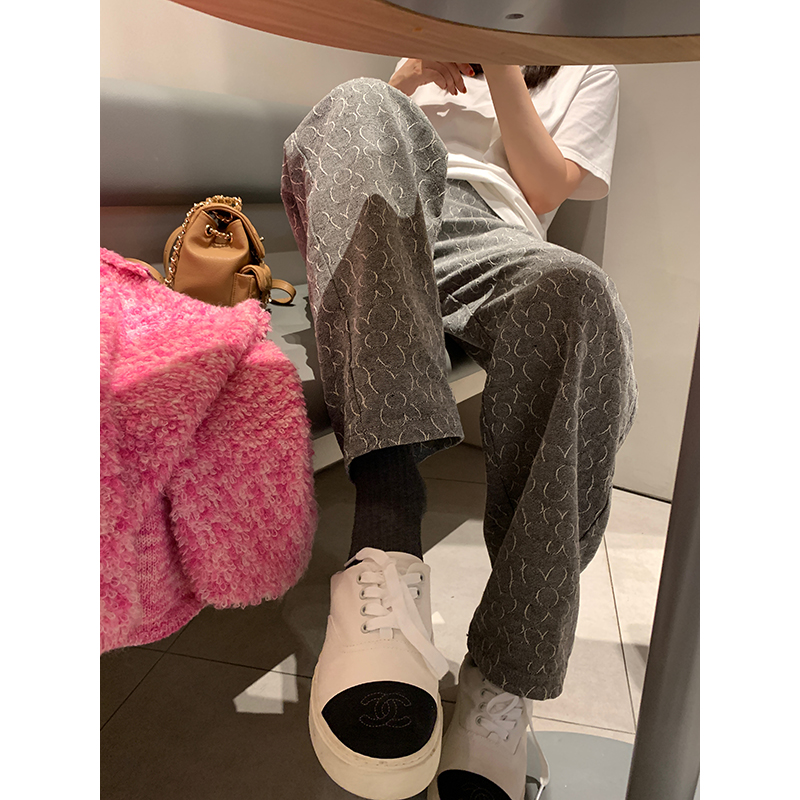 theWangs复古腔调 du家高定双色提花纹理灰色直筒牛仔长裤女秋冬
