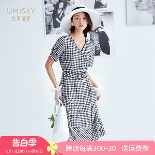 清仓 umisky优美世界高腰V领黑白格子连衣裙SG2D1059