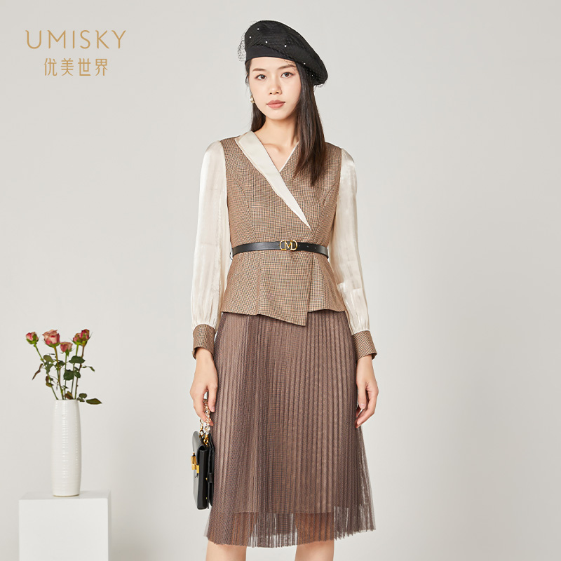 优美世界a字格子连衣裙