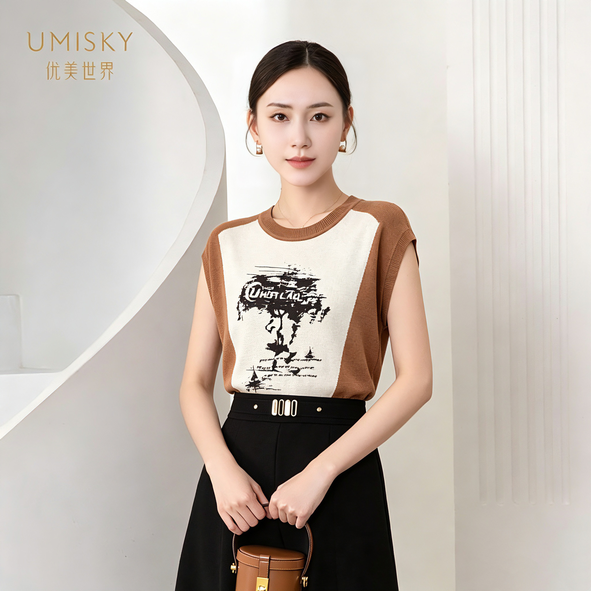 umisky优美世界专柜同款落肩袖圆领字母印花针织衫上衣SM2W3218图片