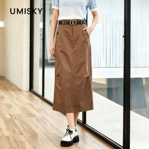 umisky优美世界专柜同款夏季高腰通勤优雅直筒工装风半裙SM2H1006