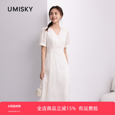 umisky优美世界专柜同款夏季V领泡泡袖提花收腰连衣裙SM2D1012