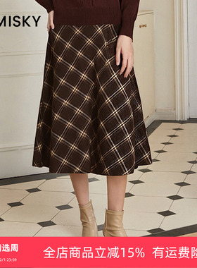 umisky优美世界冬季格子a摆复古气质中长半身裙NK4H1950