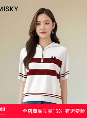umisky优美世界女装春秋款撞色连帽针织毛衫上衣SK3W3777