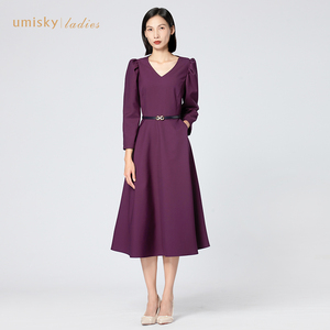 umisky优美世界女装气质通勤V领中长款a字连衣裙FI4D1245