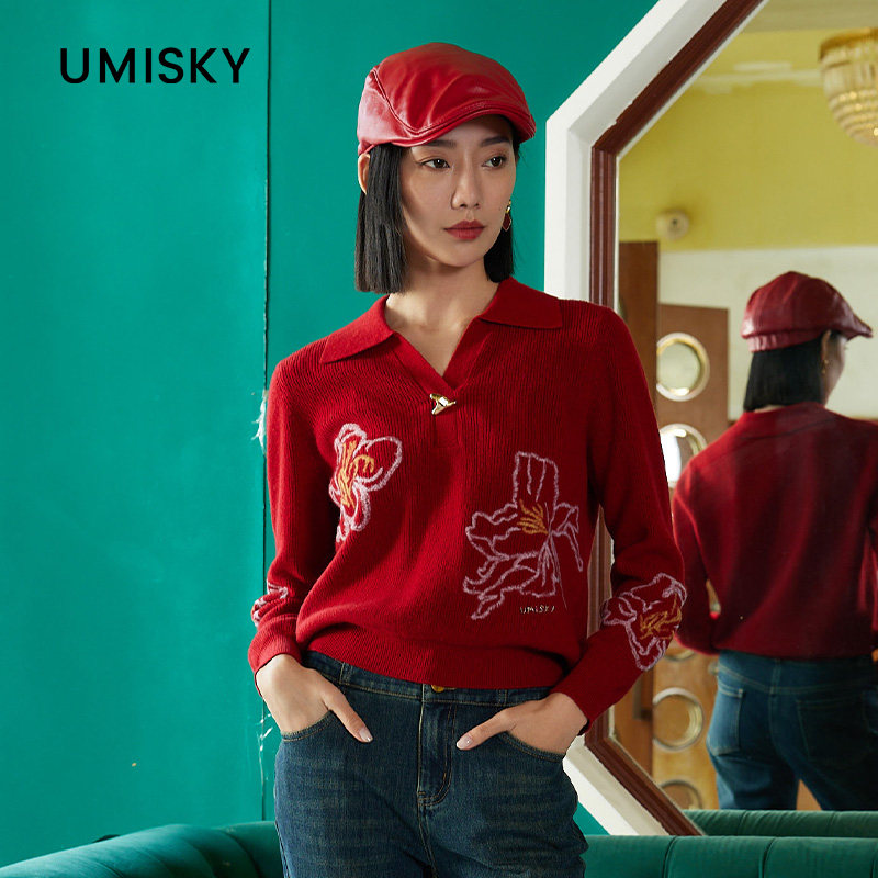 umisky优美世界专柜同款冬季复古翻领套头针织毛衫上衣SK4W3206图片