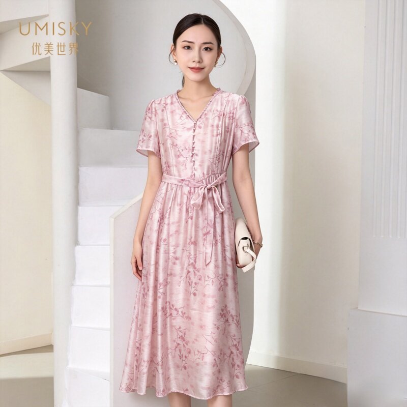 umisky优美世界专柜同款夏季时尚气质V领中长印花连衣裙SM2D1013图片