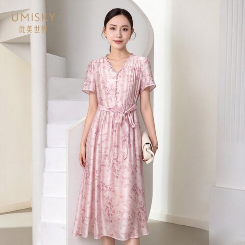 umisky优美世界专柜同款夏季时尚气质V领中长印花连衣裙SM2D1013
