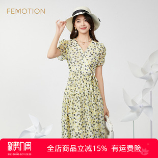 旗下芬岸女装 夏度假风V领收腰印花不规则连衣裙XK2D1010 商场同款