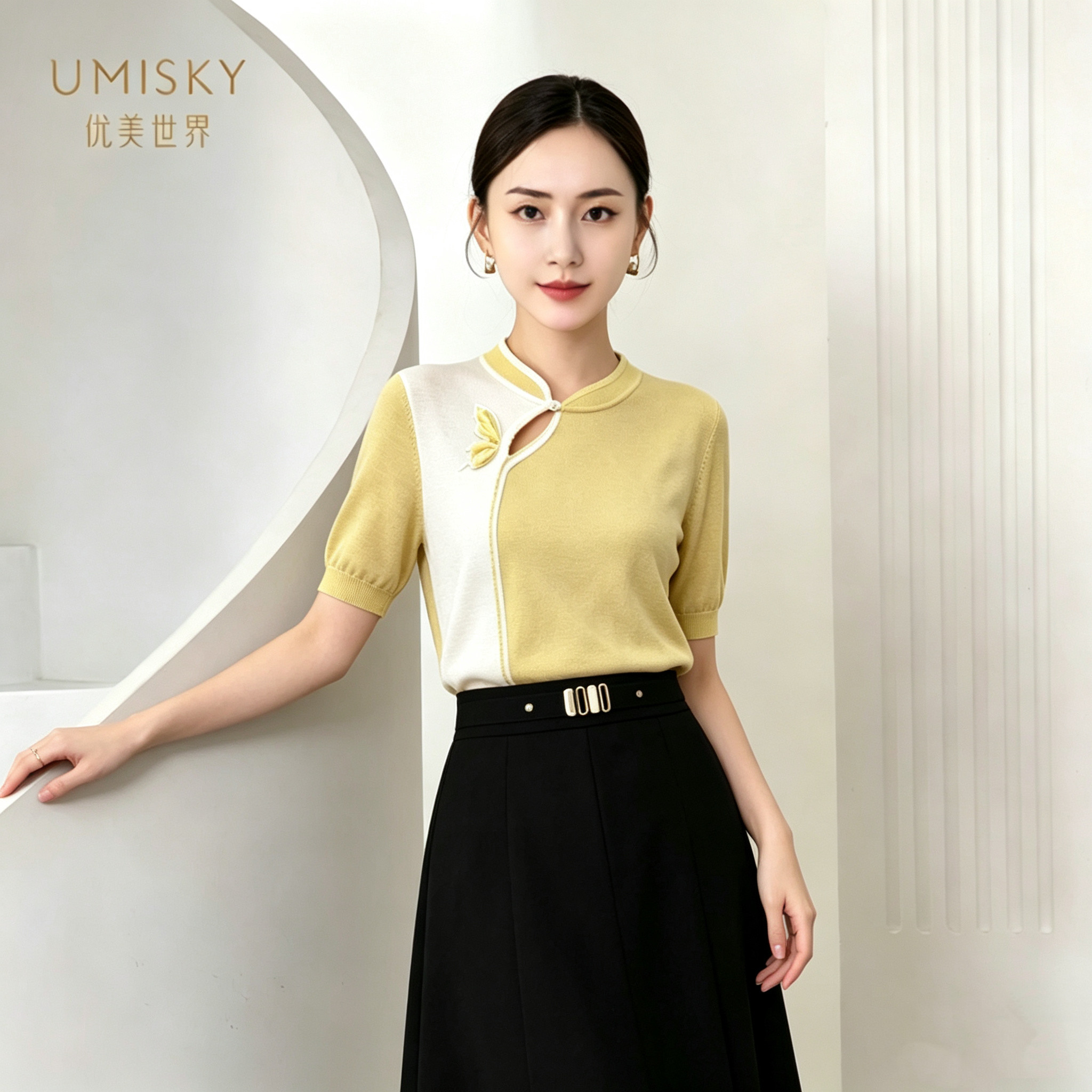 umisky优美世界（金标）夏季旗袍领刺绣拼色针织衫上衣SM2W2509图片