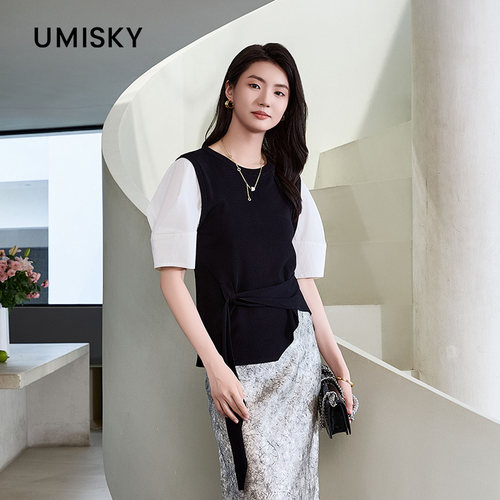 umisky优美世界专柜同款夏季时尚减龄撞色拼接针织衫上衣SM1W3206
