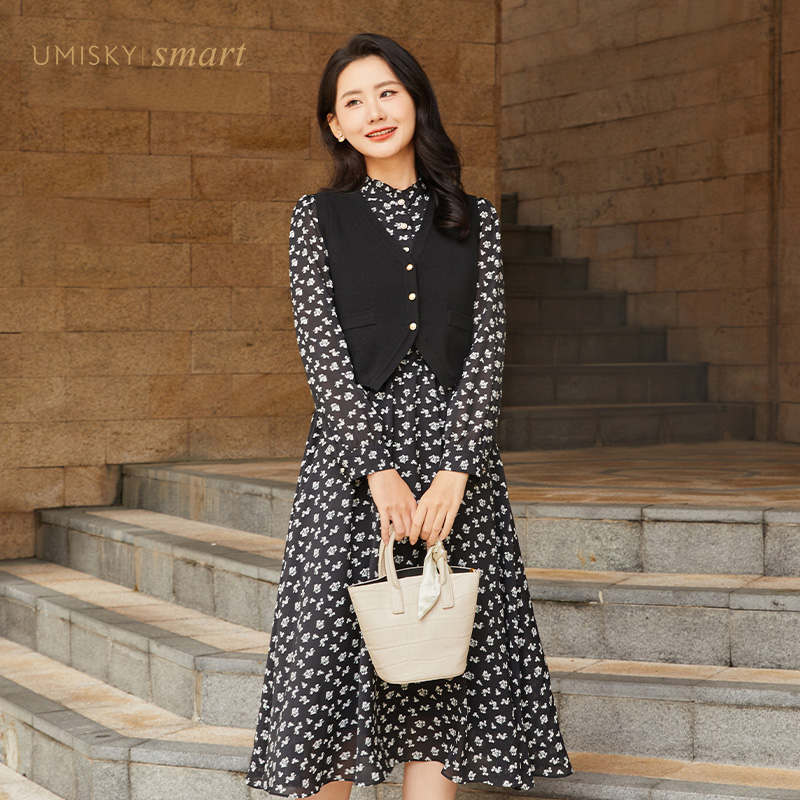 umisky优美世界女装春毛衫马甲两件套法式复古碎花连衣裙VK1D1005