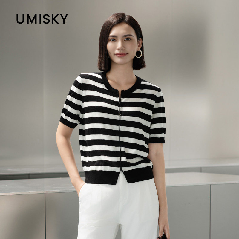 umisky优美世界专柜同款夏季条纹圆领针织开衫毛衫外套SM2S1201